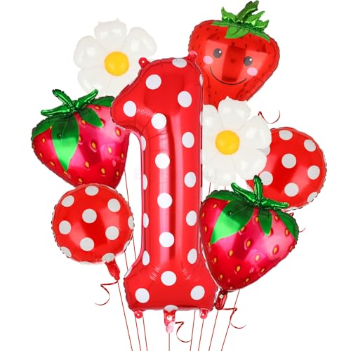 Folienballons zum 1. Geburtstag, 101,6 cm, Sweet One Geburtstagsdekorationen für Mädchen, rote Punkte, Erdbeere, Zahl 1, Mylar-Ballon, Gänseblümchen, Obst, Beere, Partyzubehör, 8 Stück Folienballons zum 1. Geburtstag, 101,6 cm, Sweet One Geburtstagsdekorationen für Mädchen, rote Punkte, Erdbeere, Zahl 1, Mylar-Ballon, Gänseblümchen, Obst, Beere, Partyzubehör, 8 Stück von Big Eye Owl