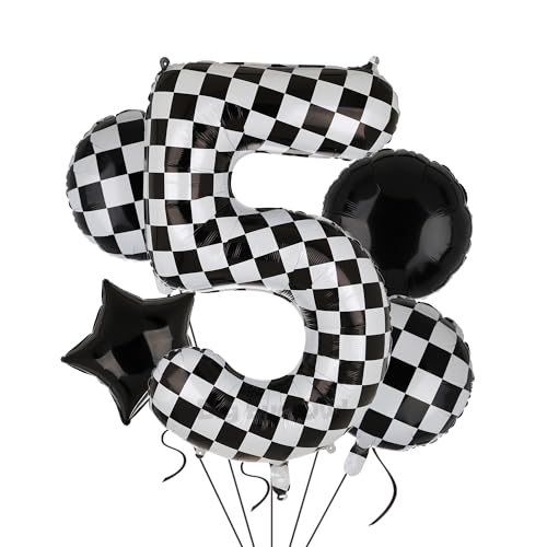 XXL Checkered Zahl 5 Folienballons Schwarz Weiß Rennauto Ballon 5 Stück Mylar Helium Zahlen 5 Rennwagen Autos Luftballon Party Deko Geburtstags Race Car Theme 100cm von Big Eye Owl