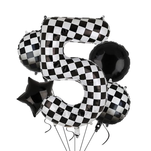 XXL Checkered Zahl 5 Folienballons Schwarz Weiß Rennauto Ballon 5 Stück Mylar Helium Zahlen 5 Rennwagen Autos Luftballon Party Deko Geburtstags Race Car Theme 100cm von Big Eye Owl