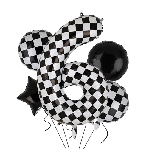 XXL Checkered Zahl 6 Folienballons Schwarz Weiß Rennauto Ballon 5 Stück Mylar Helium Zahlen 6 Rennwagen Autos Luftballon Party Deko Geburtstags Race Car Theme 100cm von Big Eye Owl
