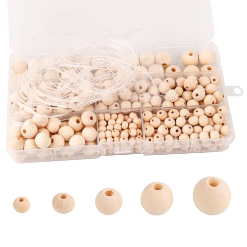 BigKego 300 Stück Holzperlen Set Natur Runde Holzkugeln mit Loch Unbehandelte Perlen Holz mit 5m Elastische Schmuckfaden 6 bis 14mm Gemischte Größe für DIY Schmuck Herstellung von BigKego