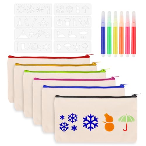 BigKego 6 Stück DIY Blanko Stoffbeutel Leinwand Federmäppchen zum Bemalen Kleine Kosmetiktasche Reißverschluss mit 6 Farbigen Stiften und 8 Malschablonen für Reisen Schule Kindergeburtstag Basteln BigKego 6 Stück DIY Blanko Stoffbeutel Leinwand Federmäppchen zum Bemalen Kleine Kosmetiktasche Reißverschluss mit 6 Farbigen Stiften und 8 Malschablonen für Reisen Schule Kindergeburtstag Basteln von BigKego