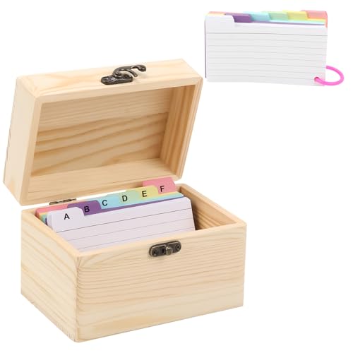 BigKing Indexbox aus Holz mit 150 bunten gestreiften Karten (zufällige Farbe) und 1 Kunststoffringen, Holzbox 15 x 10 x 10,4 cm, für Karten von 4 x 6 Zoll von BigKing