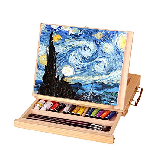 BigKing Tischstaffelei, Faltbare Staffelei, Staffelei Holz, Winkelverstellbare Staffelei, Staffelei Zeichnung Gemälde Tragbare Tisch Staffelei Box mit Schublade 27 * 7 * 35,5 cm von BigKing