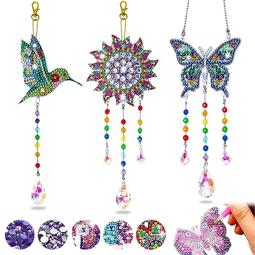 Bigalter Diamond Painting Sonnenfänger Windspiel Bastelset, DIY 5D Doppelseitiges Diamond Painting Set Anhänger Ornament Fensterdeko Basteln für Mädchen Geschenke - 3 Stück(Schmetterling+Vogel+Sonne) von Bigalter