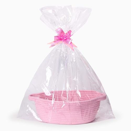 Bigepige Geschenkkorb leer, Geflochtener Korb aus Baumwolle mit Henkel, Präsentkorb inkl transparenter Geschenkfolie und Schleife, Hochzeit, Aufbewahrung Rosa von Bigepige