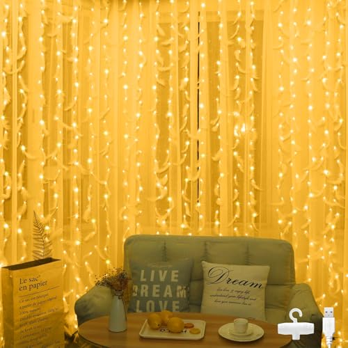 Bigzom Lichtervorhang 2x1m,100 LED Lichterketten Vorhang,lichterkette innen USB lichtervorhang innen mit 10 Haken IP65 für Schlafzimmer Party Deko(Warmweiß) von Bigzom