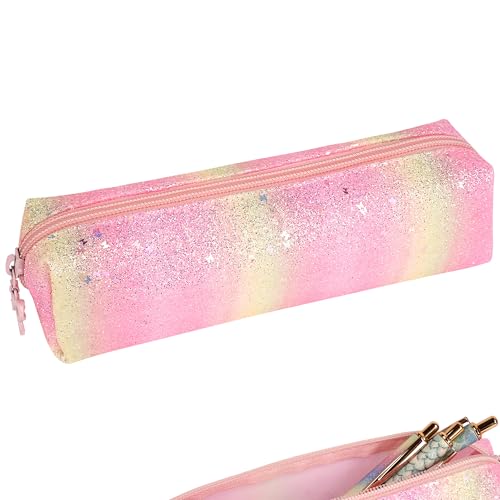 Biiange Federmäppchen, Glitzer, Federmäppchen, tragbare Stifttasche mit Reißverschluss, Aufbewahrungstasche, Reisezubehör, Make-up-Pinselhalter, für die tägliche Arbeit (1 Stück, Rosa, Gelb) von Biiange