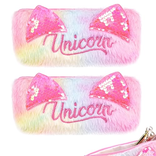 Biiange Plüsch-Federmäppchen in Regenbogenfarben, flauschiges Federmäppchen, Tier, Katzenohren, Pailletten, Plüsch, Reißverschluss, Stiftebox, Aufbewahrungstasche, Make-up-Tasche, für die tägliche Biiange Plüsch-Federmäppchen in Regenbogenfarben, flauschiges Federmäppchen, Tier, Katzenohren, Pailletten, Plüsch, Reißverschluss, Stiftebox, Aufbewahrungstasche, Make-up-Tasche, für die tägliche von Biiange