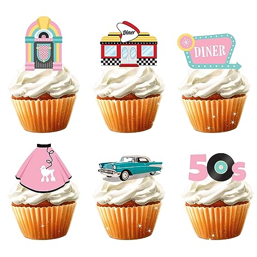 18 Stück 50er Jahre Disco Cupcake Topper für Kinder Erwachsene Jukebox 1950er Jahre Diner Soda Shoppe Rock and Roll Sock Hop Motto Party Supplies Retro 50er Jahre Geburtstag Kuchen Dekorationen von Bijeoda