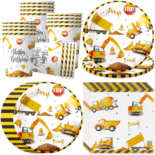 Bikasun Baustelle Partygeschirr Geburtstag Deko für 16 Gästen, Bagger Pappteller Tassen Servietten für Party Kindergeburtstag Geburtstag Deko Junge Mädchen von Bikasun