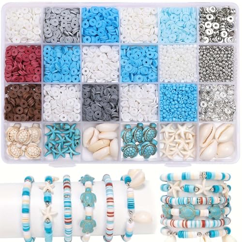 Bikasun Blau Perlen Set für Armbänder, Ozeane Clay Beads, Heishi Polymer Clay Perlen, Schildkröte Muscheln Seestern Tonperlen für DIY Geschenke Freundschaft Armbänder von Bikasun