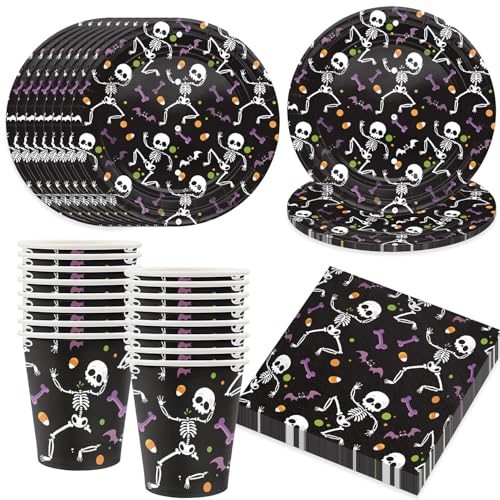 Bikasun Halloween Partygeschirr Set, 16 Gäste Halloween Party Geschirr Teller Set, Teller Becher Servietten Pappteller Skelett Schwarz Party Deko für Kinder Bikasun Halloween Partygeschirr Set, 16 Gäste Halloween Party Geschirr Teller Set, Teller Becher Servietten Pappteller Skelett Schwarz Party Deko für Kinder von Bikasun