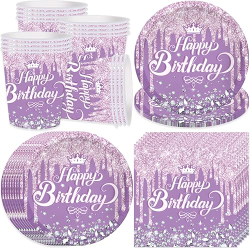 Bikasun Lila Partygeschirr Set, 16 Gäste Lila Diamant Geburtstag Geschirr, Kindergeburtstag Teller Becher Servietten Pappteller Party Deko Mädchen Tischdekoration von Bikasun