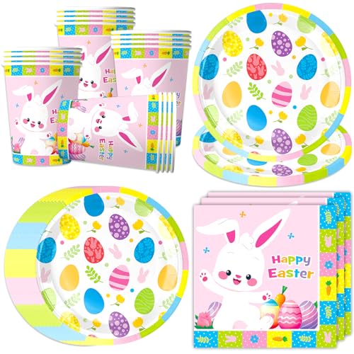 Bikasun Ostern Partygeschirr Set, Osterhase Partyteller für 16 Gäste, Kaninchen Ostereier Geburtstag Partyzubehör, Becher Teller Tassen Servietten, für Geburtstag Ostergeschirr Babyparty Dekoration von Bikasun