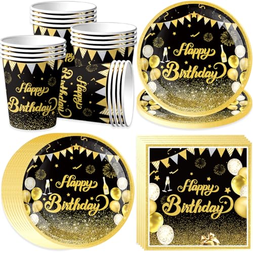 Bikasun Schwarz und Gold Partygeschirr Set, Geburtstag Party Geschirr Set für 16 Gäste, Happy Birthday Pappteller Teller Tassen Servietten, für Geburtstagsdeko Junge Mädchen Partys Bikasun Schwarz und Gold Partygeschirr Set, Geburtstag Party Geschirr Set für 16 Gäste, Happy Birthday Pappteller Teller Tassen Servietten, für Geburtstagsdeko Junge Mädchen Partys von Bikasun