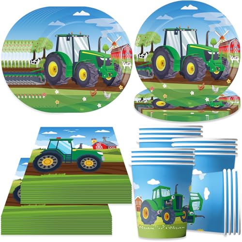 Bikasun Traktor Partygeschirr Kindergeburtstag Party Geschirrset Geburtstag Pappbecher Pappteller Servietten Tassen Papiergeschirr 16 Gäste, Geburtstagsdeko für Jungen Mädchen Partyzubehör (Grün) von Bikasun