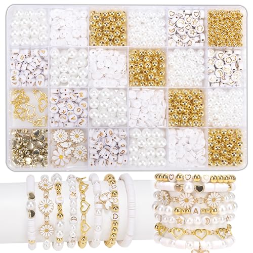 Bikasun Weiß Gänseblümchen Perlen Set für Armbänder Set, mit Perlen Buchstaben, perlen armbänder selber machen, für Schmuckherstellung Weihnachten DIY von Bikasun