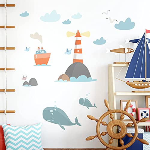 Wandtattoo Kinderzimmer - Leuchtturm und Wale, Größe:30cm x 40cm von Bilderwelten
