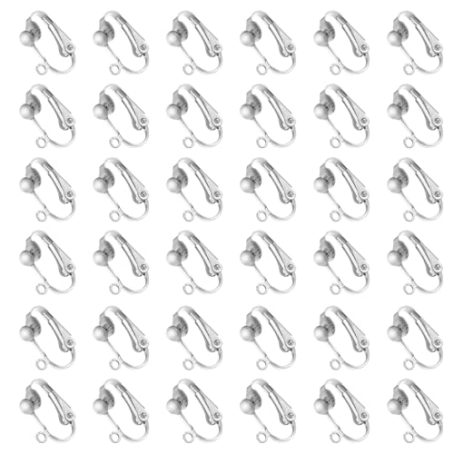 Ohrring-Clip-Verschlüsse, Messing, rund, flache Rückseite, leicht zu öffnende Schlaufe für DIY-Ohrringe, Basteln und Umwandeln von Ohrsteckern, 36 Stück (Silber) von Bilkeru