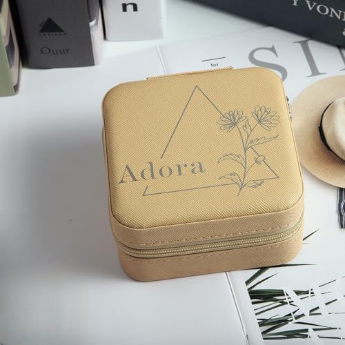 Personalisierte Schmuckschatulle für Frauen Reise Schmuckkästchen Veranstalter mit Individuelle Blume und Name, Kleine PU-Leder Schmuckkoffer für Mutter Frau Muttertag Geburtstag Geschenke (Khaki) von Billayer