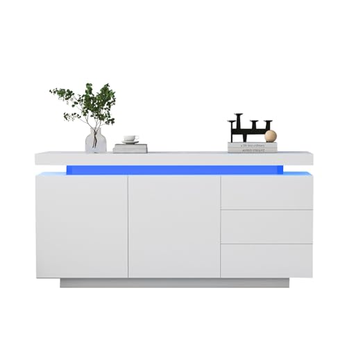 Billg LED Sideboard 140 cm, Modernes Kommode mit 3 Schubladen und 2 Türen, Aufbewahrungsschrank Griffloses Design, Mehrzweckschrank, Geräuschlose Rollen und Scharniere, Hochglanz weißes Sideboard Billg LED Sideboard 140 cm, Modernes Kommode mit 3 Schubladen und 2 Türen, Aufbewahrungsschrank Griffloses Design, Mehrzweckschrank, Geräuschlose Rollen und Scharniere, Hochglanz weißes Sideboard von Billg