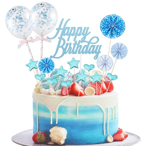 17 Stück Tortendeko Geburstagstorte, Happy Birthday Kuchendeko, tortendeko Blau, Glitter Cake Topper Happy Birthday, Cupcake Topper mit Sternen Liebe Konfetti-Luftballons und Papierfächer von BillyBath
