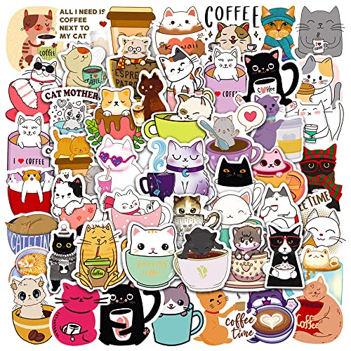 50PCS Niedliche Teetasse Katze Aufkleber für Wasserflaschen, Laptop, Skateboard, Vinyl Wasserdicht Kawaii Kätzchen Cartoon Tier Aufkleber Packs, Abziehbilder für Kinder Teens von Bimani
