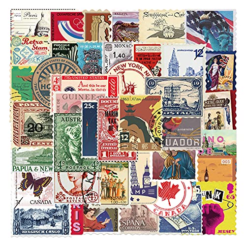 50pcs Vintage Briefmarke Aufkleber, Wahrzeichen Reise Stadt Souvenir Aufkleber Packs für Journaling liefert, Telefone, Laptops, Vinyl wasserdicht von Bimani
