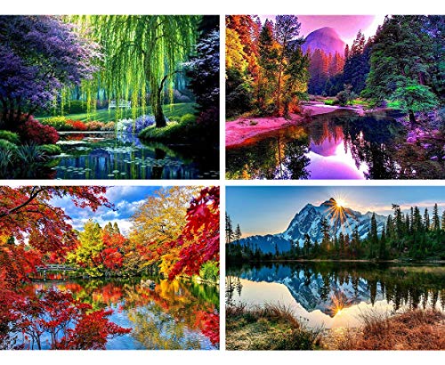 Bimkole 4 Pack DIY 5D Diamond Painting Zubehör Blumen, Frühling Herbst See Diamant Malerei Kit Voll Runde Bohrer Malen nach Zahlen Malerei Stickerei Kreuzstich Diamond Dekoration, (30x40 cm) von Bimkole