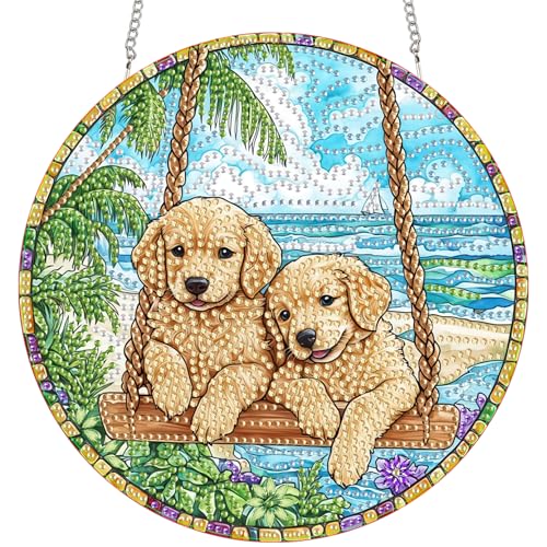 Bimkole 5D Diamond Painting Anhänger Schaukelhund, Hängende Diamantkunst Diamant Malsets, Diamond Painting Kit Tiere, Fensteranhänger Deko für Zuhause Garten Tür & Außenbereich 20x20 cm von Bimkole