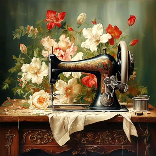 Bimkole 5D Diamond Painting Kits Zubehör Sewing machine, Flowers Diamant Malerei Kit Voll Runde Bohrer Malen nach Zahlen Malerei Stickerei Kreuzstich Diamond Dekoration 30x30 cm von Bimkole
