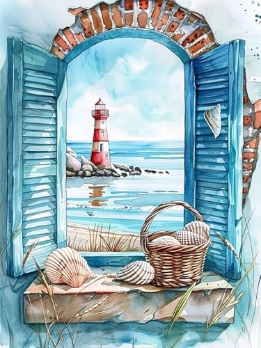Bimkole DIY 5D Diamond Painting Kits Zubehör Leuchtturmschale, Außerhalb Des Fensters Diamant Malerei Kit Voll Runde Bohrer Malen nach Zahlen Malerei Stickerei Kreuzstich Diamond Dekoration 30x40 cm von Bimkole