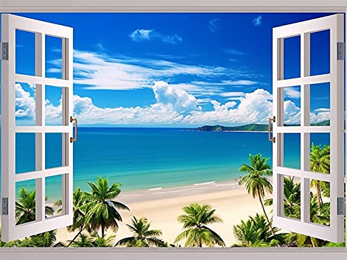 Bimkole DIY 5D Diamond Painting Zubehör Strand, Fenster Meer Baum Blauer Himmel Diamant Malerei Kit Voll Runde Bohrer Malen nach Zahlen Malerei Stickerei Kreuzstich Diamond Dekoration, (30x40 cm) von Bimkole