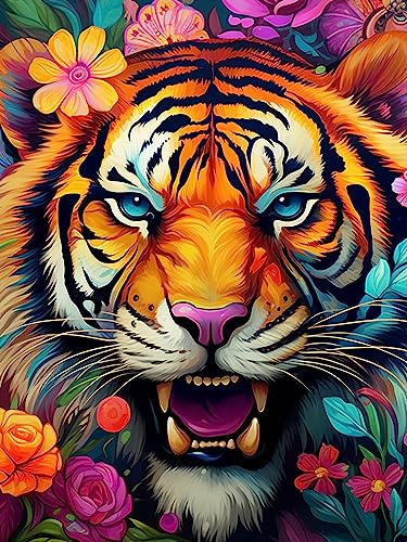 Bimkole DIY 5D Diamond Painting Zubehör Tiger, Tierblume Diamant Malerei Kit Voll Runde Bohrer Malen nach Zahlen Malerei Stickerei Kreuzstich Diamond Dekoration 30X40cm von Bimkole