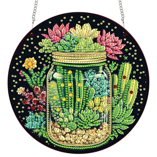Bimkole Diamond Painting Anhänger Kaktus, Hängende Diamantkunst Diamant Malsets, Diamond Painting Kit Anlage, 5D Diamond Painting für Fenster Wand und Eingang Decor 20x20 cm von Bimkole