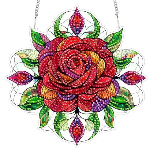 Bimkole Diamond Painting Anhänger Rose, Hängende Diamantkunst Diamant Malsets, Diamond Painting Kit Blume, 5D Diamond Painting für Fenster Wand und Eingang Decor 20x20 cm von Bimkole