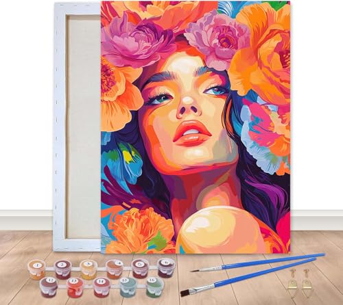 Bimkole Malen Nach Zahlen Erwachsene Gerahmt Frau, Ölgemälde paint by numbers kits Blume, Acrylfarbe Anfänger Zeichnen Malen mit Pinseln Mauer Dekor Kunst 20x30 cm von Bimkole