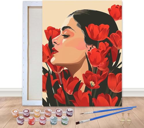 Bimkole Malen Nach Zahlen Erwachsene Gerahmt Frau, Ölgemälde paint by numbers kits Rose, Acrylfarbe Anfänger Zeichnen Malen mit Pinseln Mauer Dekor Kunst 20x30 cm von Bimkole