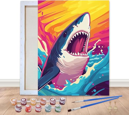 Bimkole Malen Nach Zahlen Erwachsene Gerahmt Hai, Ölgemälde paint by numbers kits Tier, Acrylfarbe Anfänger Zeichnen Malen mit Pinseln Mauer Dekor Kunst 20x30 cm von Bimkole