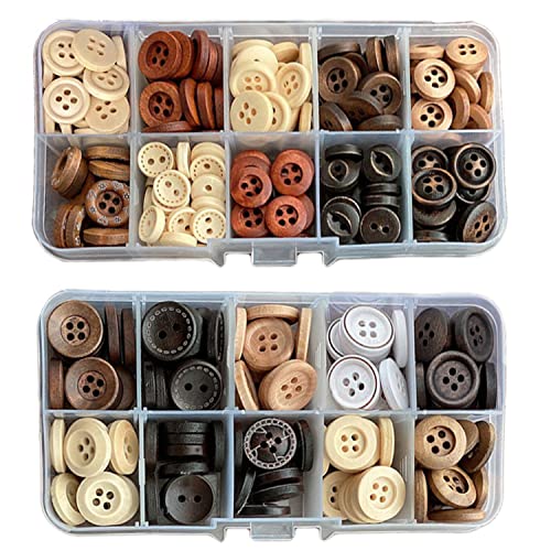 Binblin 200PCS Holzknöpfe Kinderknöpfe Holzknöpfe Nähen Knöpfe Schmuckzubehör Wooden Button mit Kunststoff Box für DIY Handgemacht Stricken Nähen Basteln Dekorationen(15mm/18mm) von Binblin