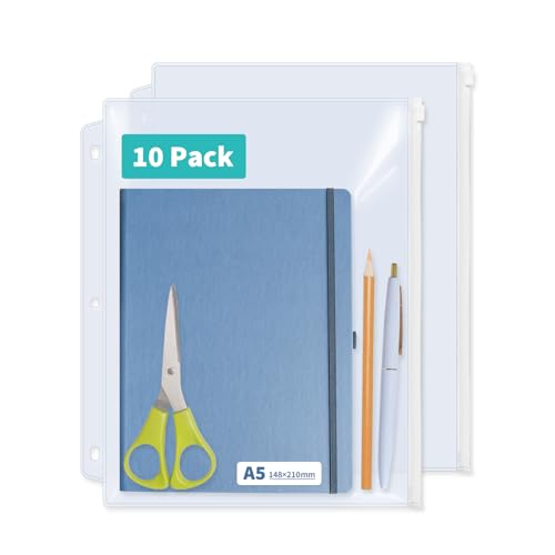 Binditek 10 Stück Kunststoff-Ordnertaschen mit Reißverschluss, 3-fach gelocht für 3-Ringordner, transparentes PVC mit weißen Reißverschlüssen, wasserdichte Tasche für lose Blätter zum Abheften und Binditek 10 Stück Kunststoff-Ordnertaschen mit Reißverschluss, 3-fach gelocht für 3-Ringordner, transparentes PVC mit weißen Reißverschlüssen, wasserdichte Tasche für lose Blätter zum Abheften und von Binditek