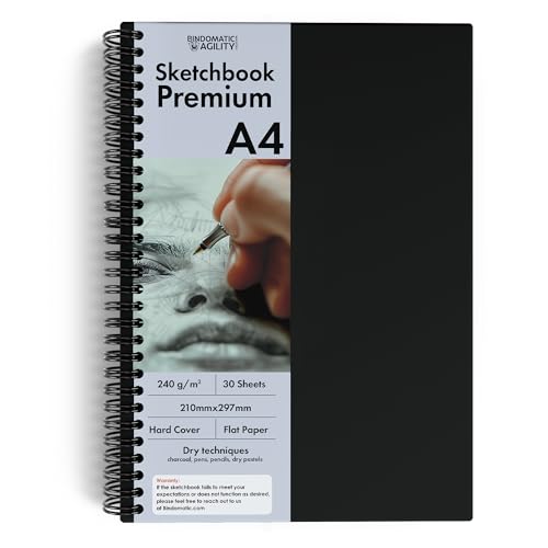 Bindomatic Agility Collection Premium Sketchbook DIN A4 Hochwertiges Zeichenbuch, Skizzenbuch, Malbuch mit ultra-festem 240g Papier für Profis & Kinder, Marker Acrylfarben Kohle Tinte 30 Blatt von Bindomatic