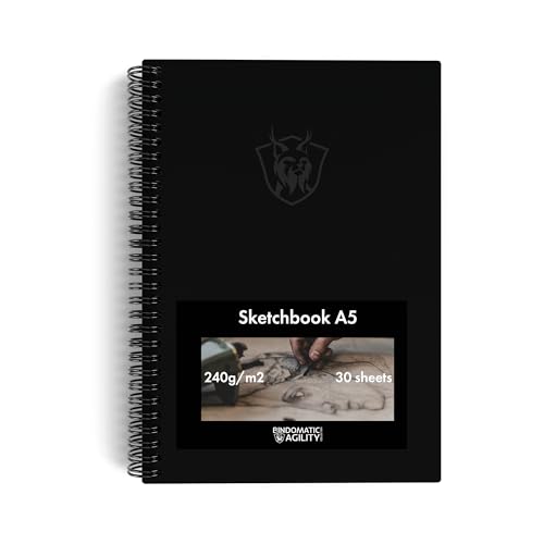 Bindomatic Agility Collection Sketchbook DIN A5, Malbuch, Zeichenbuch, Skizzierbuch, Blackbook, super hochwertiges 240g Papier, für z.B. Marker, Acrylfarben, Wasserfarben, Kohle, Tinte, 60 Seiten von Bindomatic