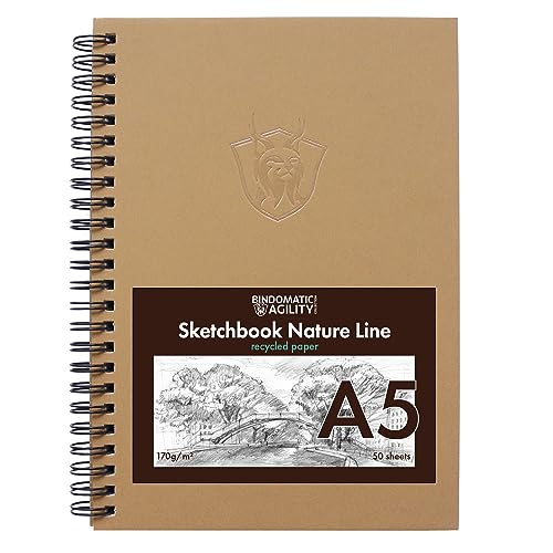 Bindomatic Agility Collection Nature Line Sketchbook DIN A5 aus recyceltem ultra-hochwertigen 170g Papier. Skizzenbuch, Blackbook, Zeichenblock, Malblock, Spiralbindung, 50 Blatt (A5) von Bindomatic