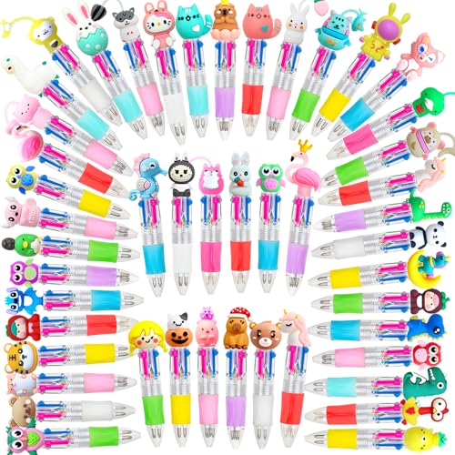 Bindundun 64 Stück 4 Farben Mini Mehrfarbig Stifte Kreativer,10cm Mini 4 Farben Cartoon-Kugelschreiber mit einziehbar Stift,Niedlich Tierisch Kugelschreiber für Schüler Hausaufgaben Schule Geschenke von Bindundun