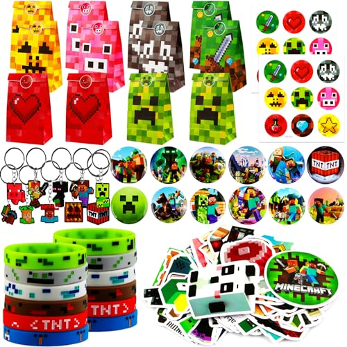Binggunyo Miner Videospiel Party Mitgebsel Mit Schlüsselanhänger, Partytüten, Silikon Armband, Knopfnadeln, Aufkleber für Kindergeburtstag Deko von Binggunyo
