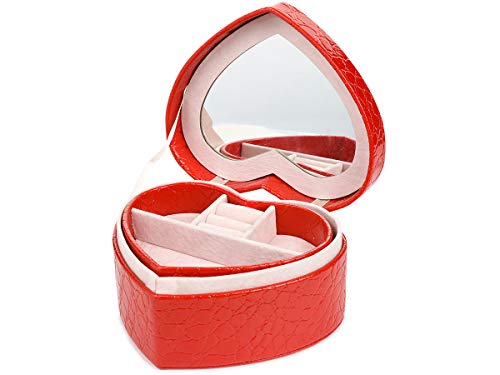 Bingo-Shop Kleine Reise Schmuckkästchen Herz Schmuckkasten für Ringe Ohrringe Armbänder und Halsketten Schmuckschatulle herausnehmbare Reise-Box mit Spiegel Schmuck-Organizer Rot von Erkic