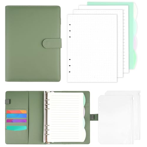 Binlava Ringbuch A5 Nachfüllbar, Notizbuch A5 Mit 135 Blätter Nachfüllpapier und Bindertaschen, 6 Ringe Notizbuch Din A5 Ringbuch für Schulnotizen, Reisetagebücher, Planer (Grün) von Binlava