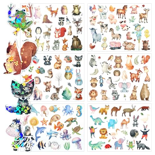 Glitzer Sticker Tiere,6 Bögen Sticker Kinder Set,Tiere Aufkleber Über 150 Motiv,Wasserdicht Glitzersticker für Kinder Scrapbooking Fotoalbum Geschenke(Nicht Reflektierend) von Binlava